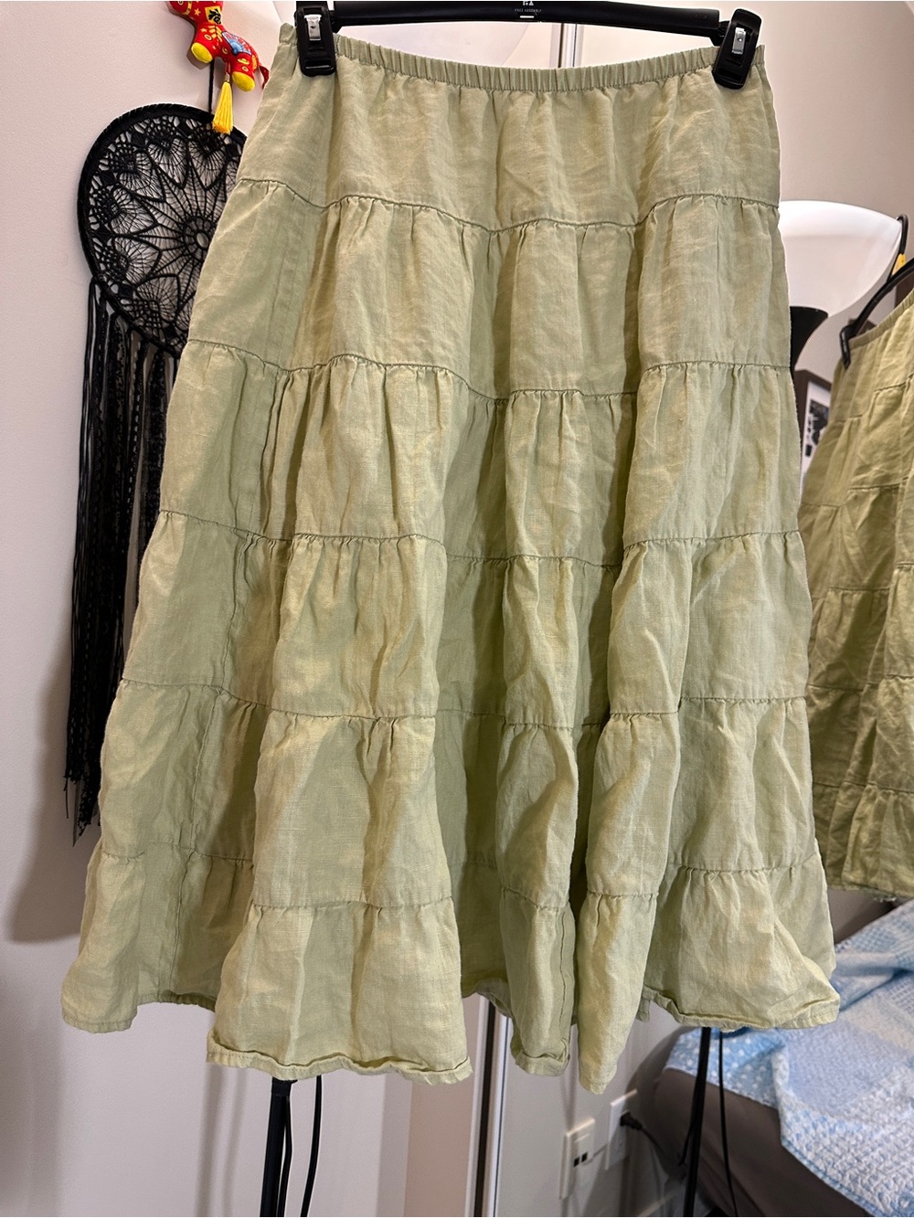Light Green Tiered A-Line Linen Women's Skirt